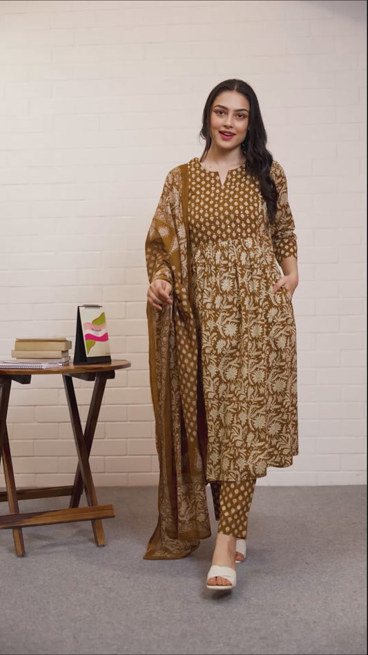 Soft Cotton Floral Panelled Rust Orange Kurta
