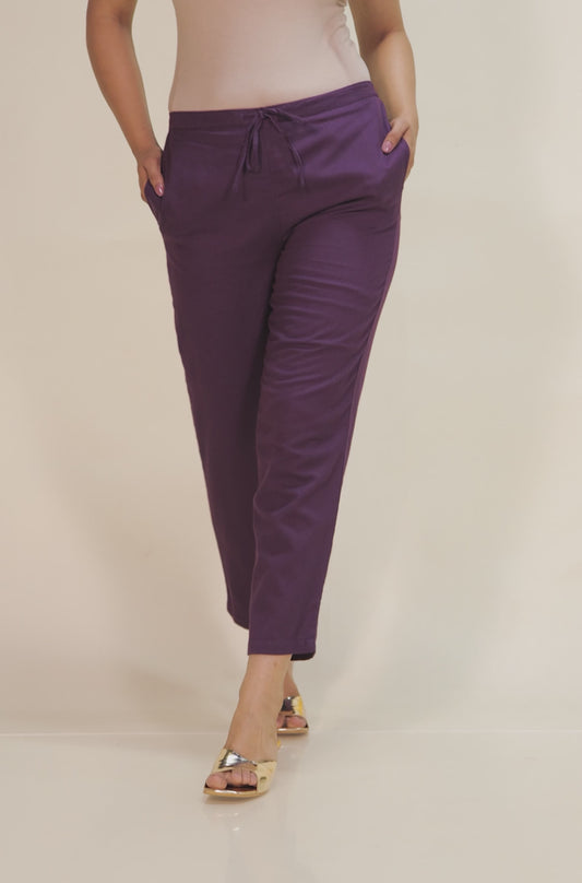 Linen Cotton Solid Purple Tapered Trousers