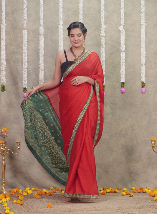Embroidered Silk Crepe Solid Red Saree