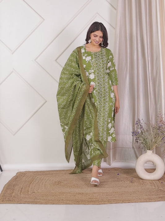 Embroidered Soft Cotton Abstract Straight Green Kurta