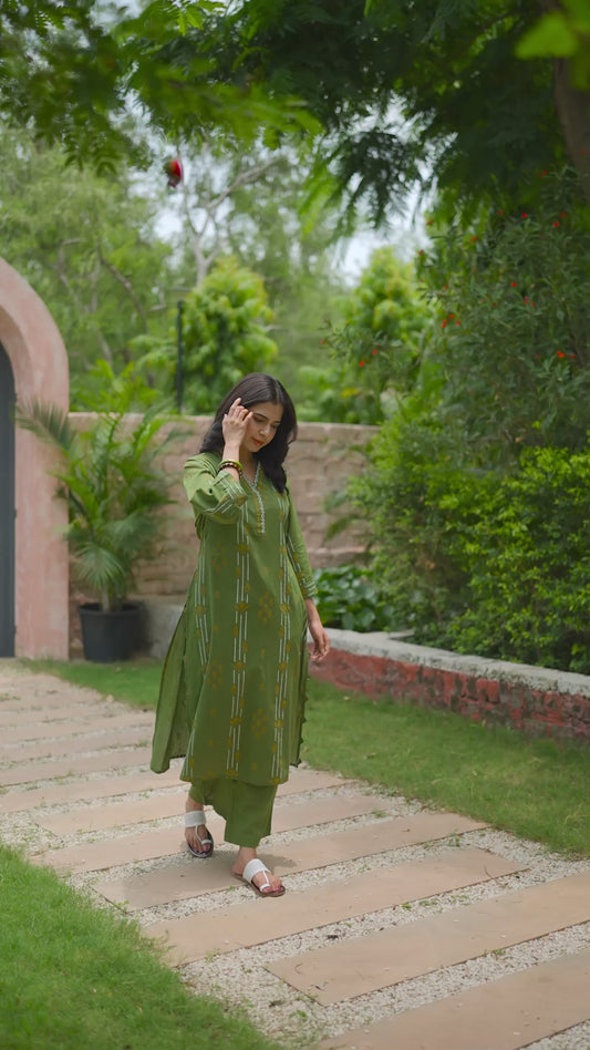 Soft Cotton Geometric A-line Green Kurta
