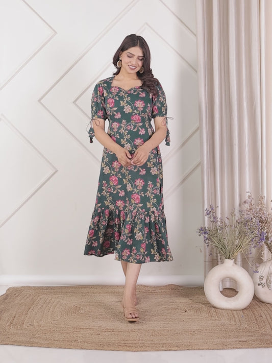 Soft Cotton Floral Flared Green Dress