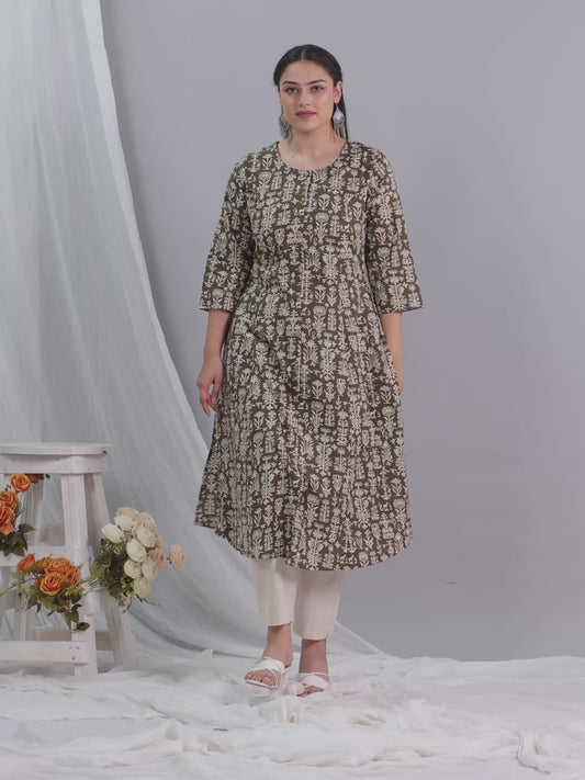 Soft Cotton Floral Flared Green Kurta