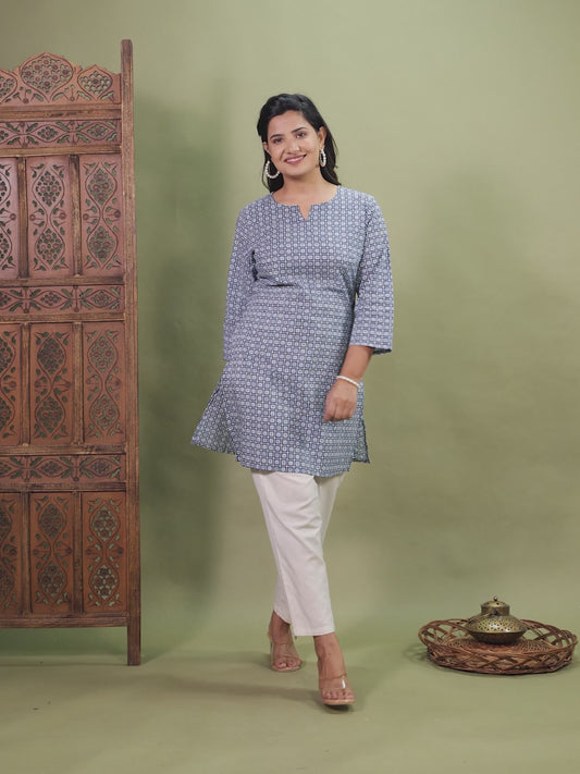 Soft Cotton Geometric Straight Blue Kurti