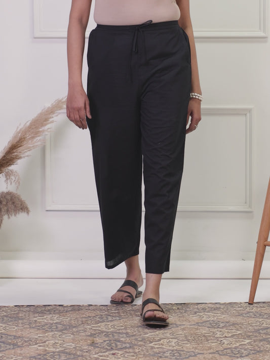 Soft Cotton Solid Black Straight Trousers