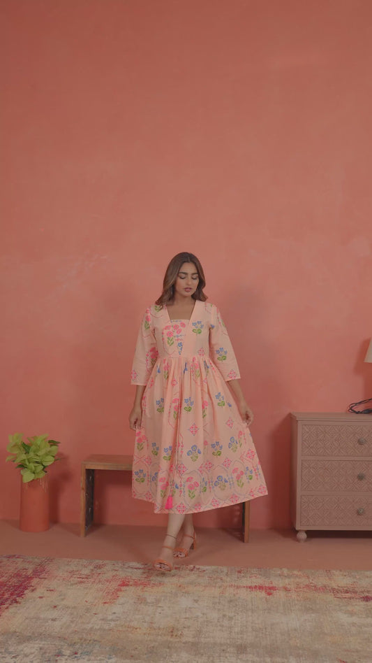Soft Cotton Geometric Anarkali Peach Dress