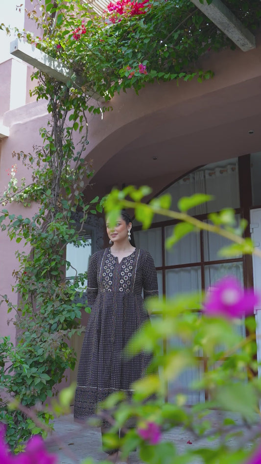 Embroidered Soft Cotton Polka Anarkali Black Kurta