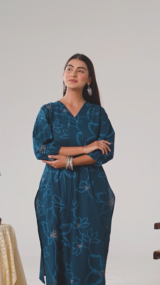 Soft cotton Floral A-line Blue Kurta