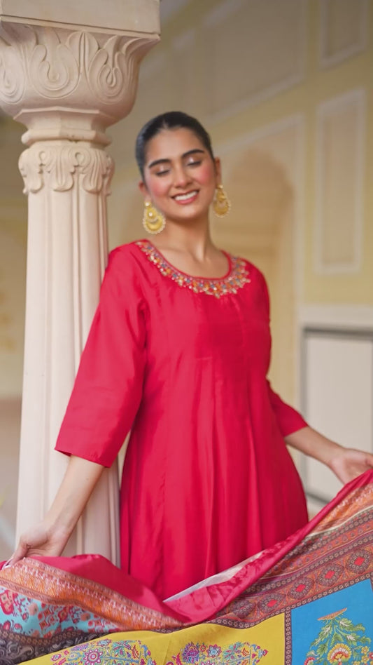 Embroidered Blended Silk Solid Anarkali Red Kurta