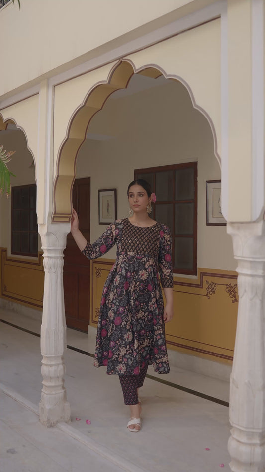 Embroidered Soft Cotton Floral Anarkali Purple Kurta