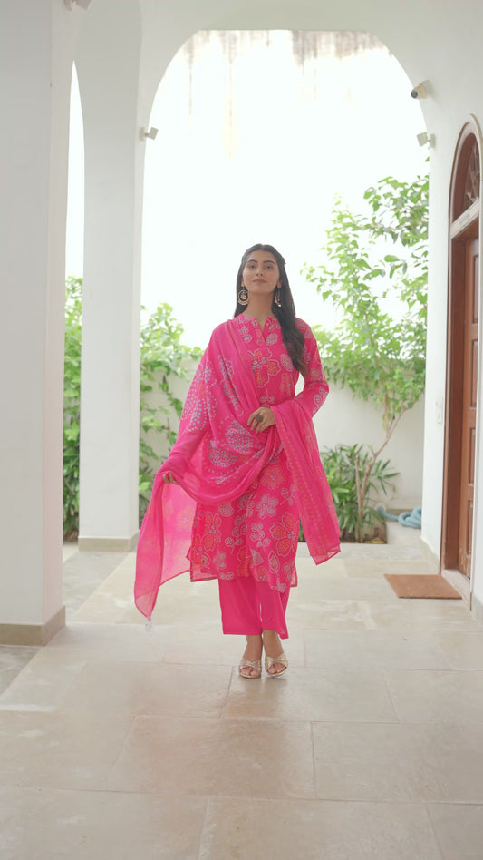 Soft Cotton Bandhani Straight Pink Kurta