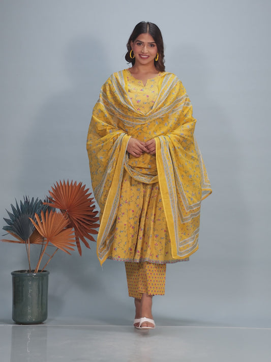 Embroidered Soft Cotton Floral Anarkali Yellow Kurta