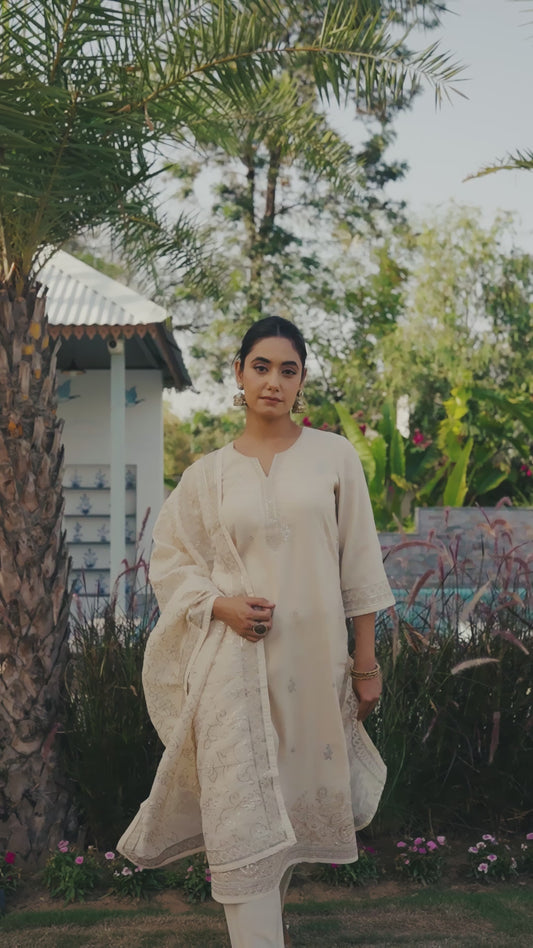 Embroidered Tissue Solid Straight Off White Kurta