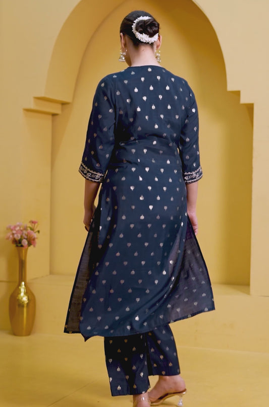 Embroidered Chanderi Gold foil Straight Blue Kurta
