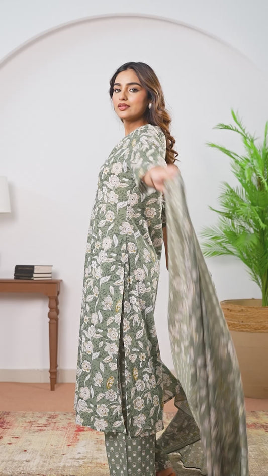 Soft Cotton Floral A-line Green Kurta