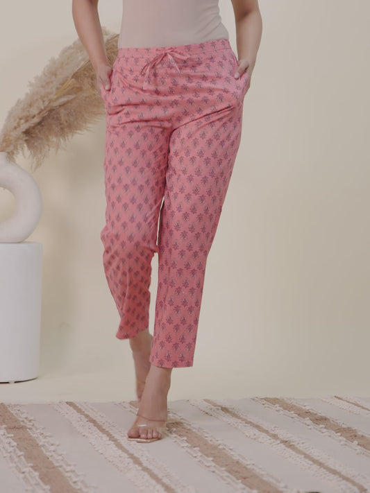 Soft Cotton Floral Pink Tapered Trousers