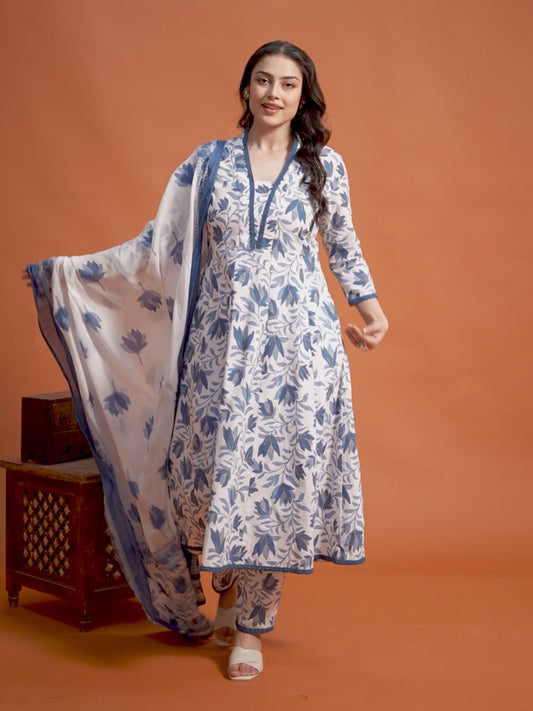 Linen Cotton Floral Anarkali Blue Kurta