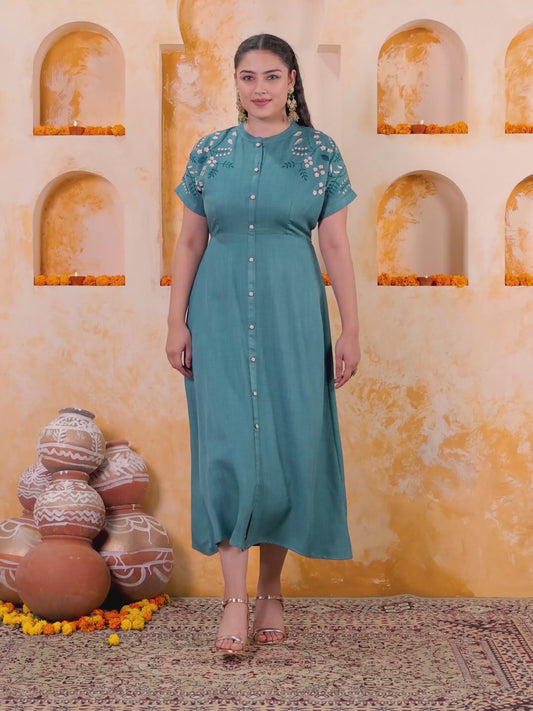 Embroidered Linen Blend Solid A-line Teal Dress