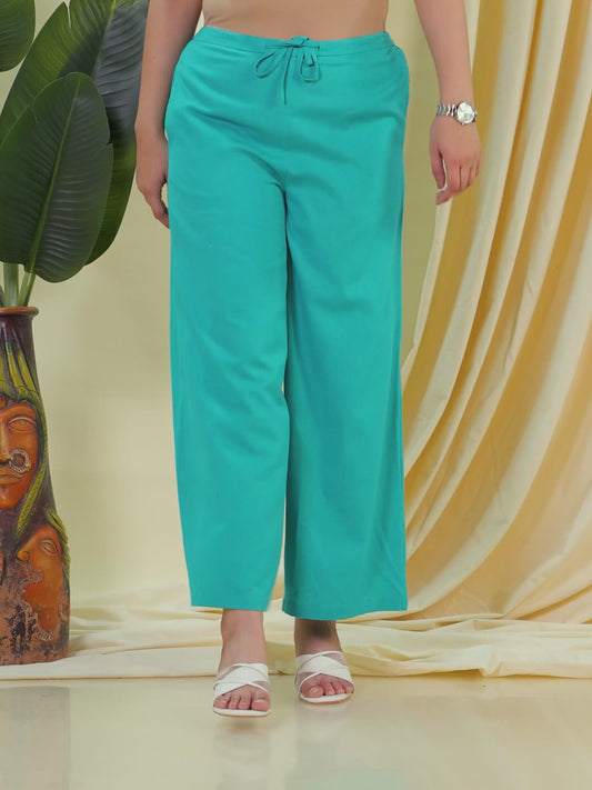 Linen Cotton Solid Green Palazzo