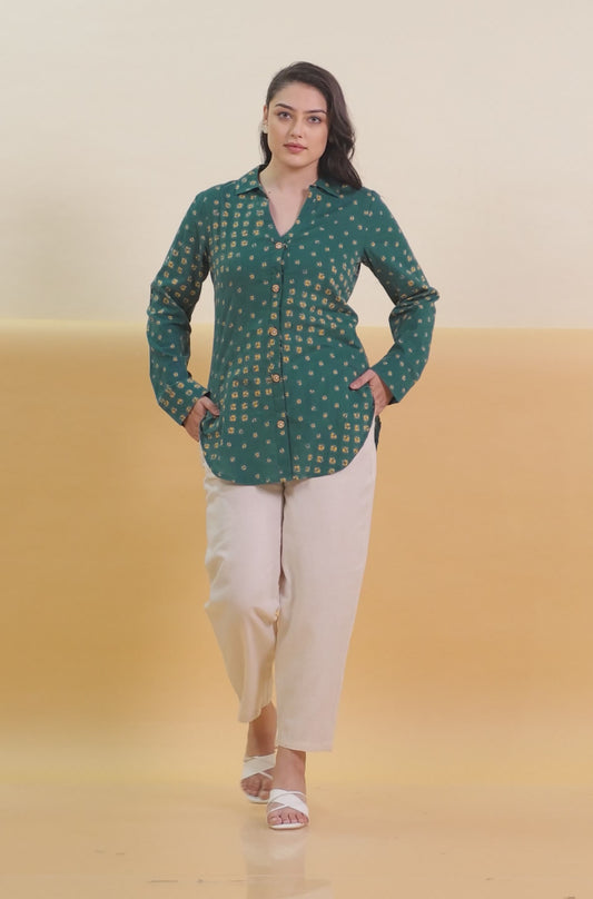 Soft Cotton Bandhani Straight Green Tunic