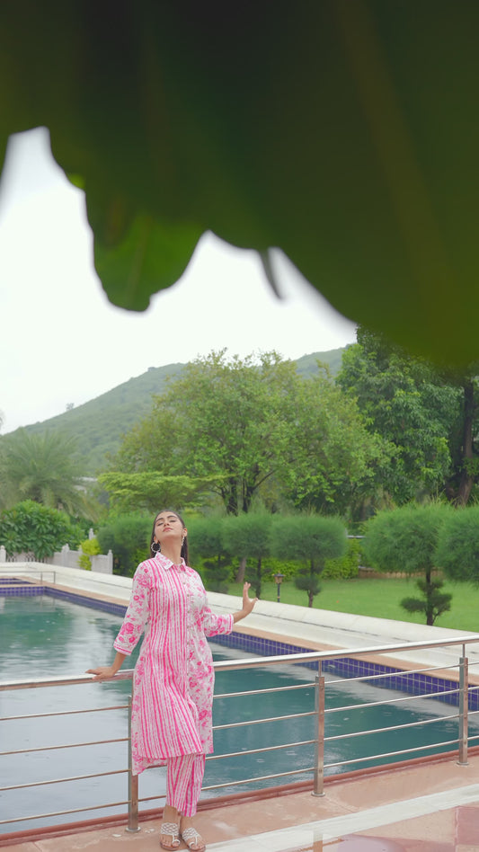 Soft Cotton Floral High Low Pink Kurta