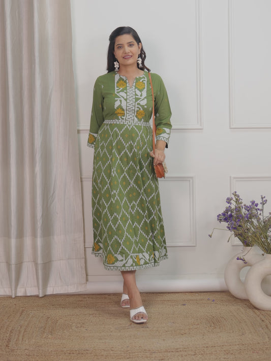 Soft Cotton Geometric Flared Green Dress