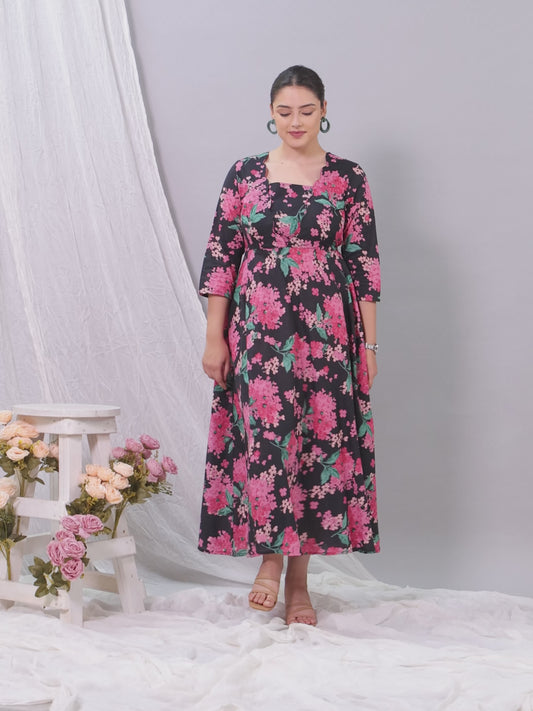 Soft Cotton Floral Flared Black Dress