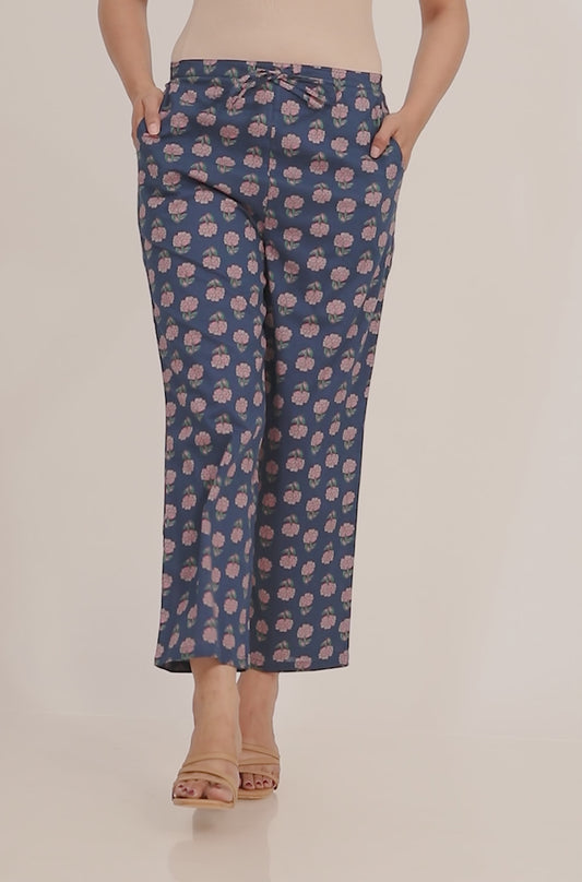 Soft Cotton Floral Blue Straight Trousers