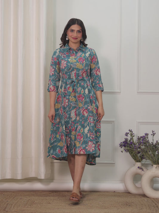 Kantha Cotton Floral Flared Teal Dress (With Belt)