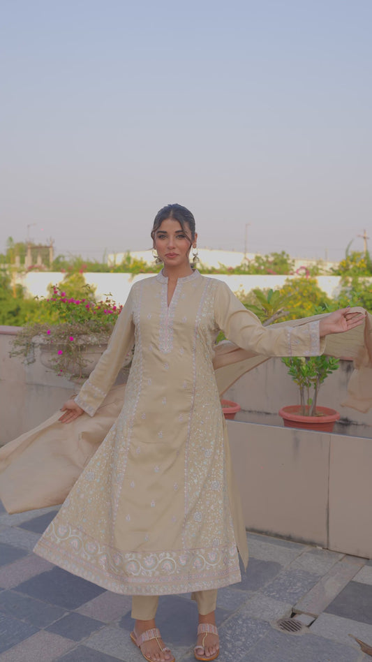Embroidered Chiffon Solid A-line Sand Kurta