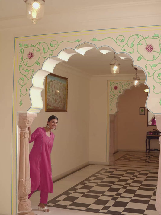 Embroidered Linen Cotton Solid A-line Pink Kurta