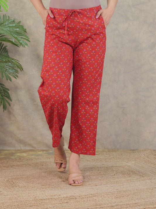 Soft Cotton Floral Red Straight Trousers