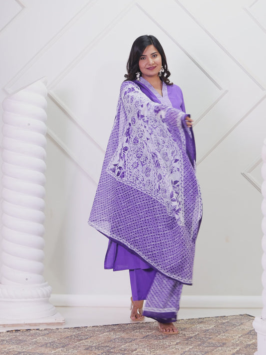 Embroidered Linen Cotton Solid A-line Purple Kurta