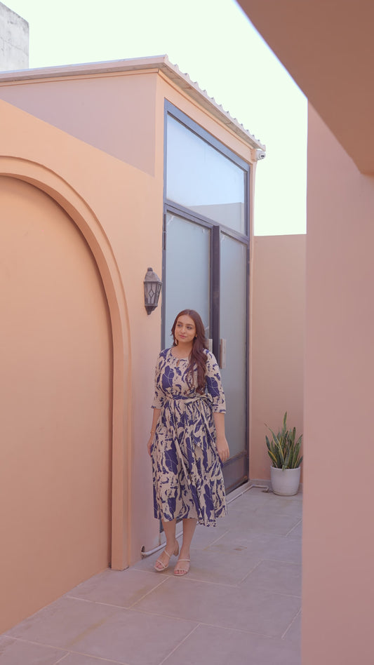 Soft Cotton Abstract Flared Cream Dress