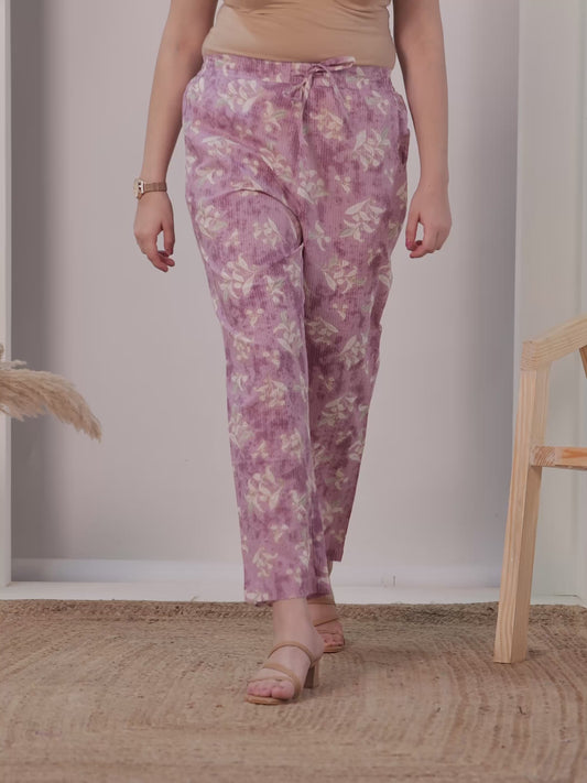Kantha Cotton Floral Mauve Straight Trousers