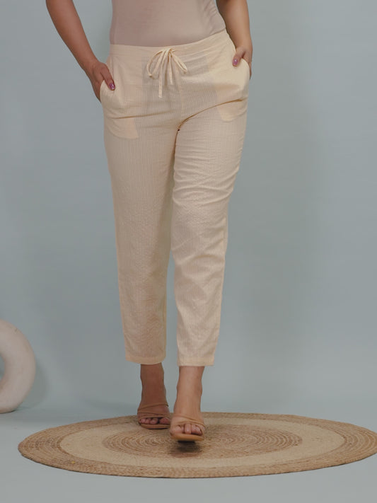 Kantha Cotton Solid Beige Tapered Trousers