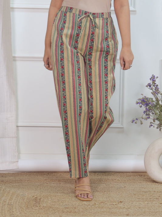 Soft Cotton Striped Green Tapered Trousers