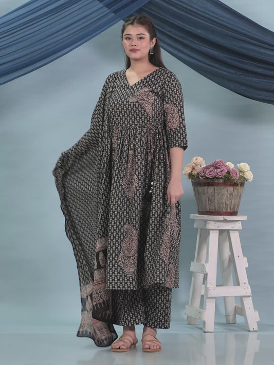 Kantha Cotton Paisley Angrakha Black Kurta
