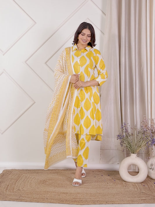 Soft Cotton Foliage High Low Yellow Kurta