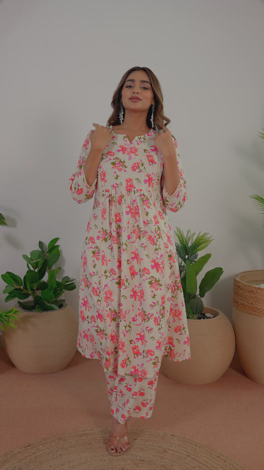 Linen Cotton Floral Flared Cream Kurta