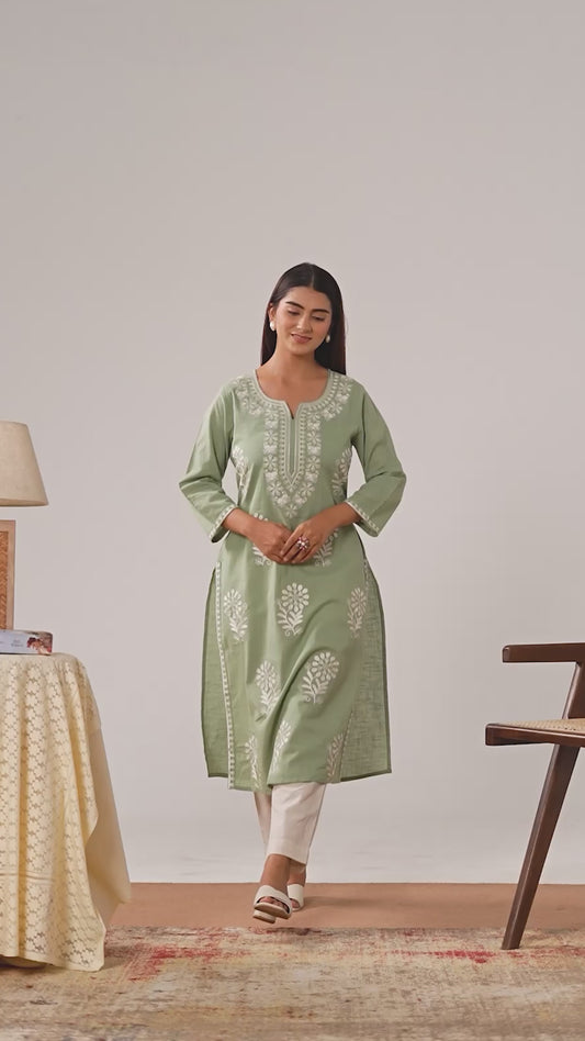 Embroidered Slub cotton Solid Straight Sea Green Kurta