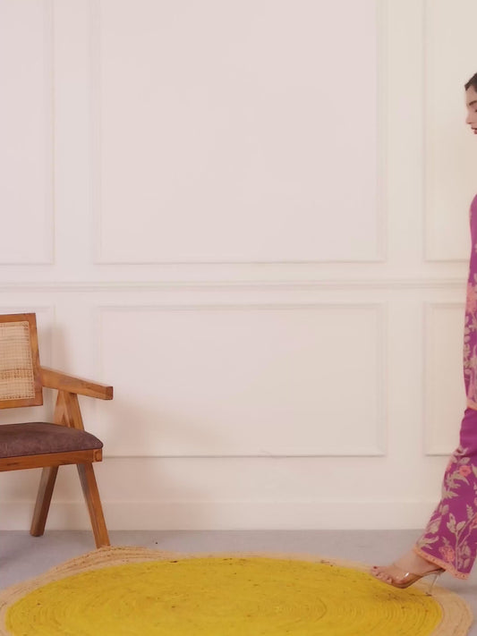 Linen Cotton Placement Print Straight Purple Kurta