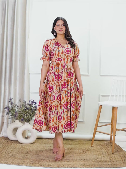 Linen Cotton Ikat Flared Beige Dress