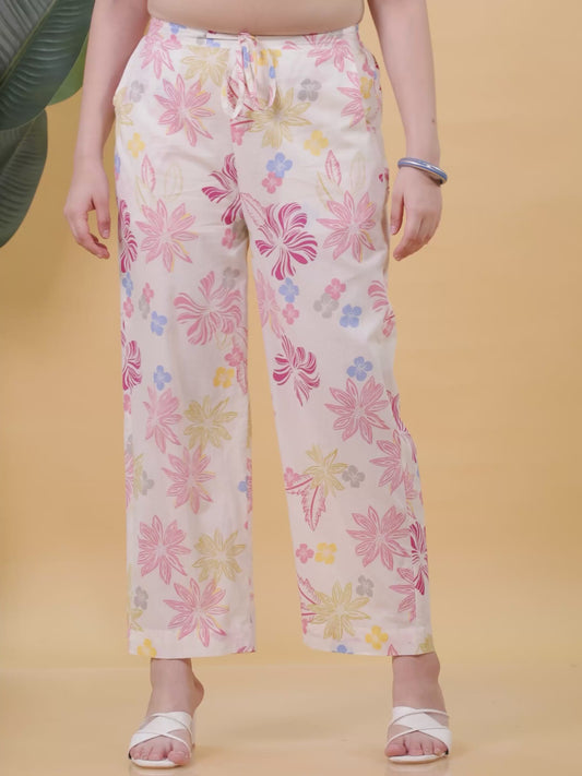 Soft Cotton Floral Off White Straight Trousers