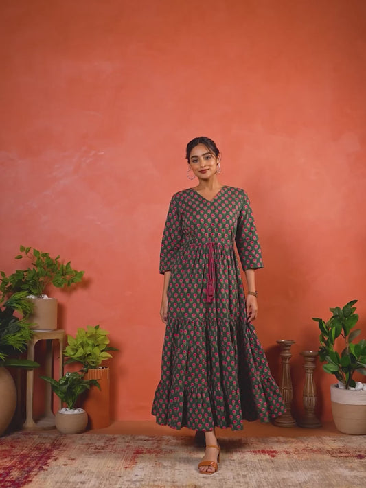 Soft Cotton Floral Anarkali Green Dress