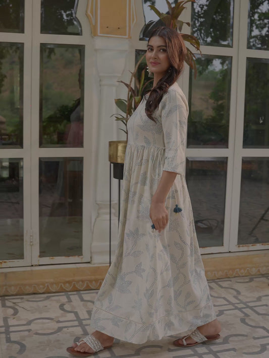 Linen Cotton Floral Anarkali Off White Dress