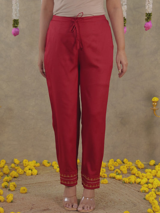 Viscose Solid Maroon Tapered Trousers