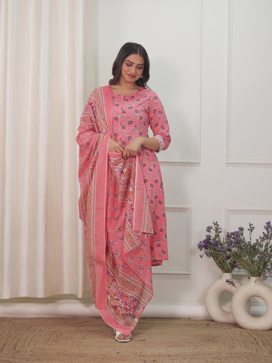 Soft Cotton Floral Flared Peach Kurta