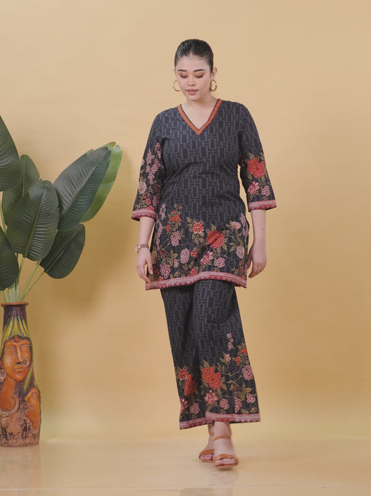 Embroidered Soft Cotton Placement Print Straight Black Kurta