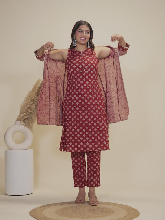 Soft Cotton Ajrakh A-line Red Kurta